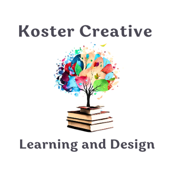 center of the image is a tree with bold, bright leaves in various colors standing on a stack of books. Text above the tree - "Koster Creative" below - "Learning and Design"